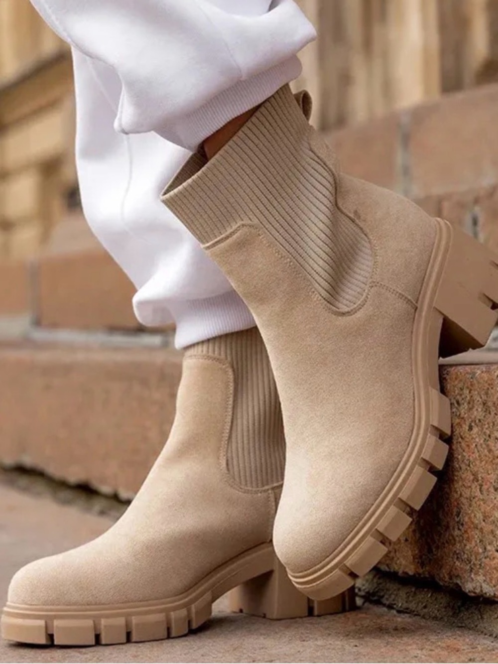 Suede Chelsea Lug Booties in Beige - Women's Fashion Boots
